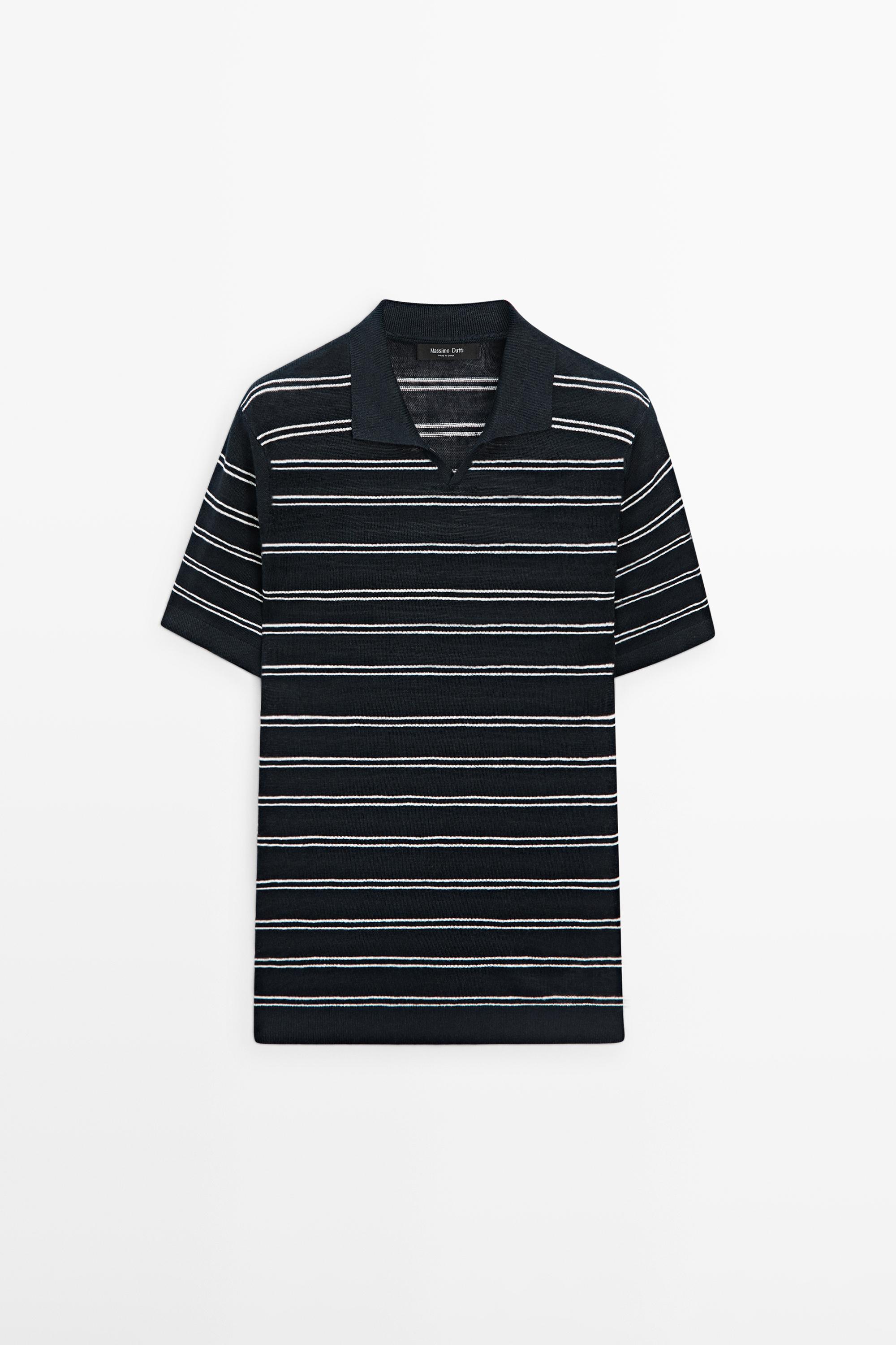 Striped 100% linen V-neck polo shirt